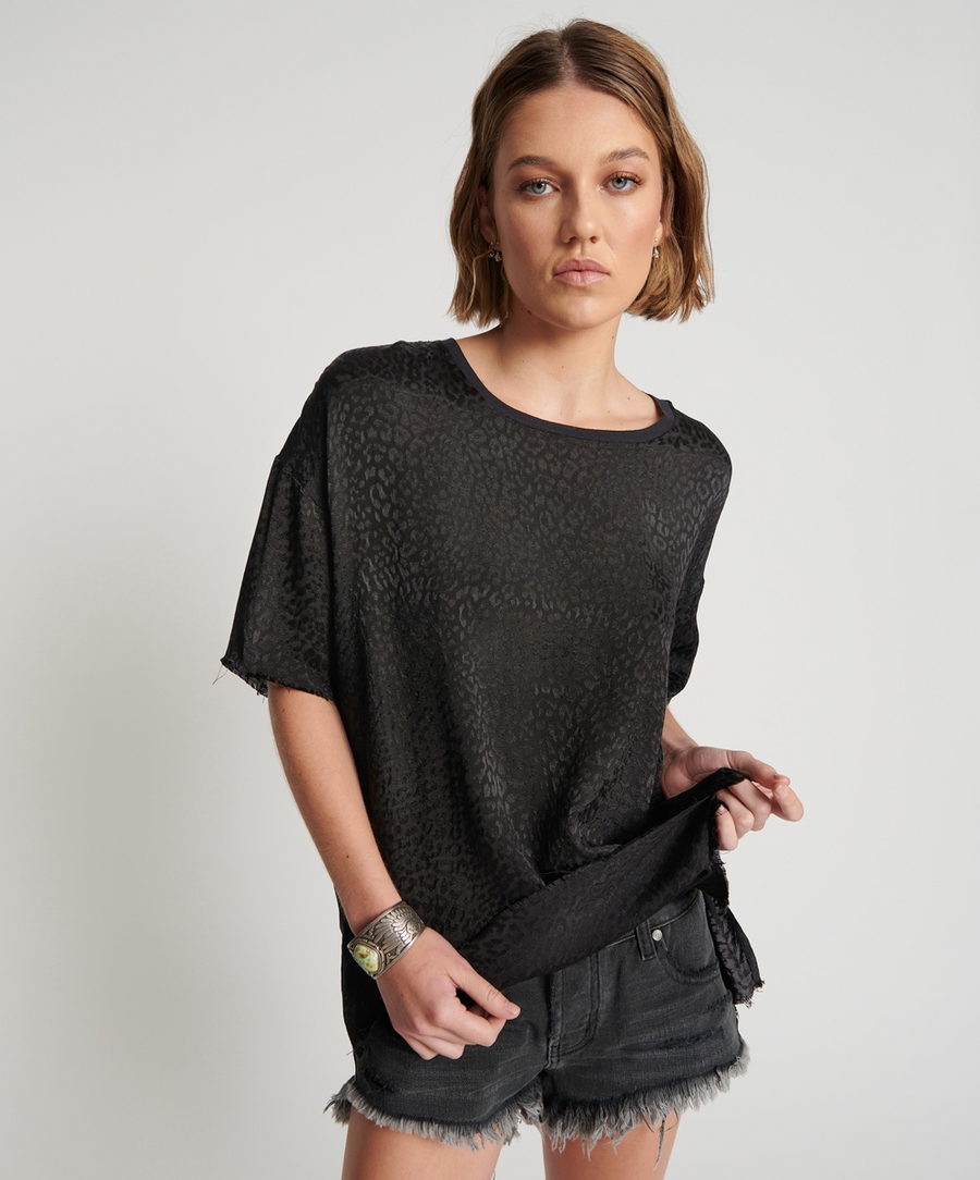 One Teaspoon Leopard Jacquard Satin Tee - Black