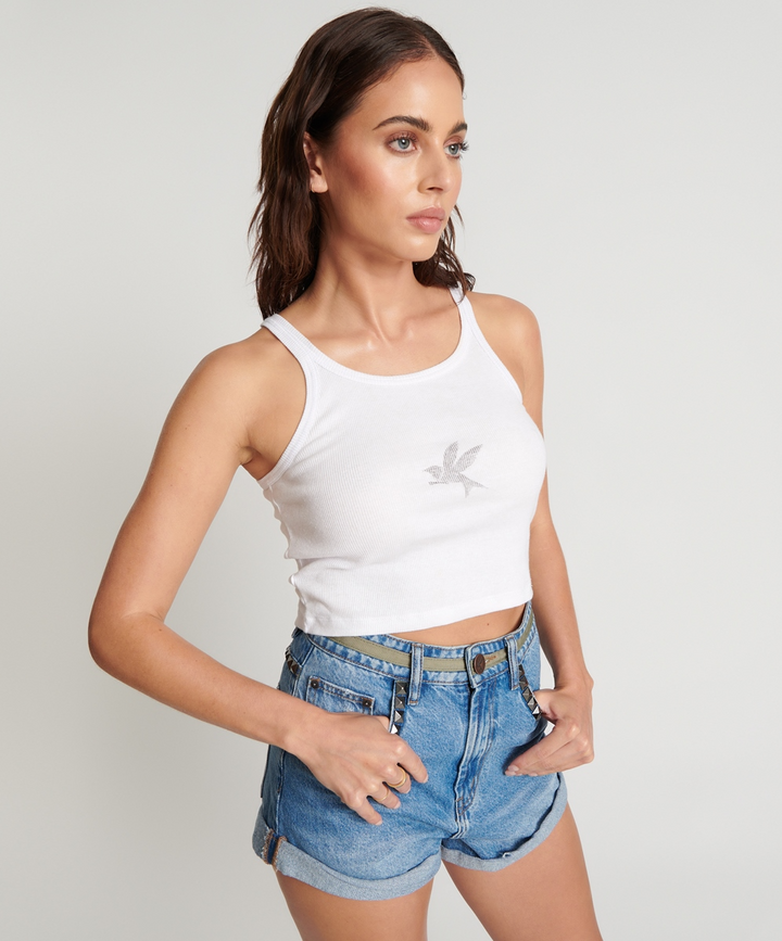 One Teaspoon Cropped Bower Bird Ribbed Tank Top  - White