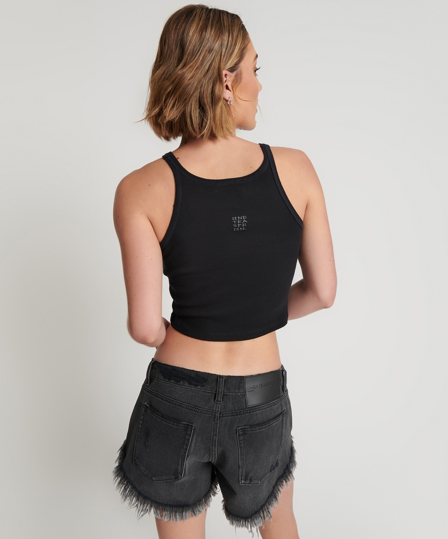 One Teaspoon Cropped Bower Bird Ribbed Tank Top - Black