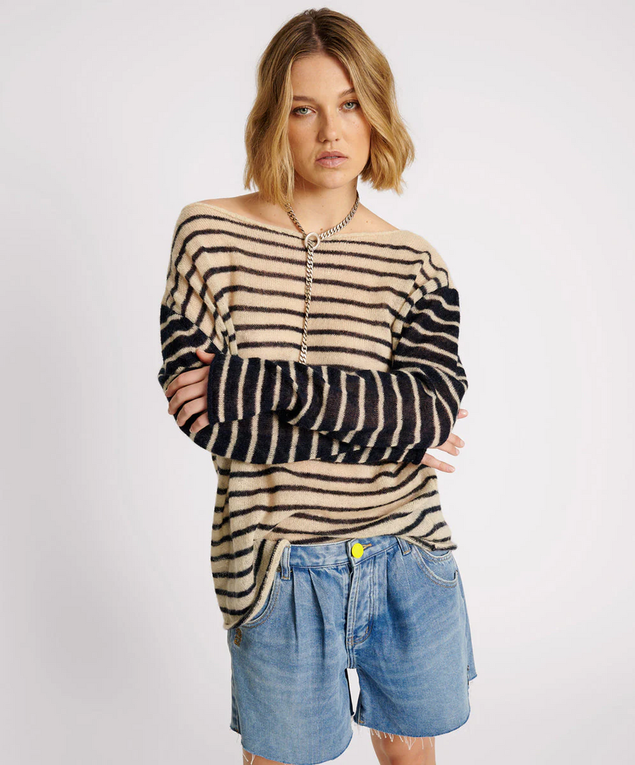 One Teaspoon Wide Neck Striped Mohair Sweater - Ivory/Navy