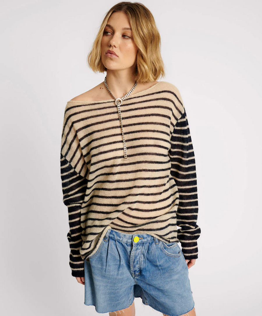 One Teaspoon Wide Neck Striped Mohair Sweater - Ivory/Navy