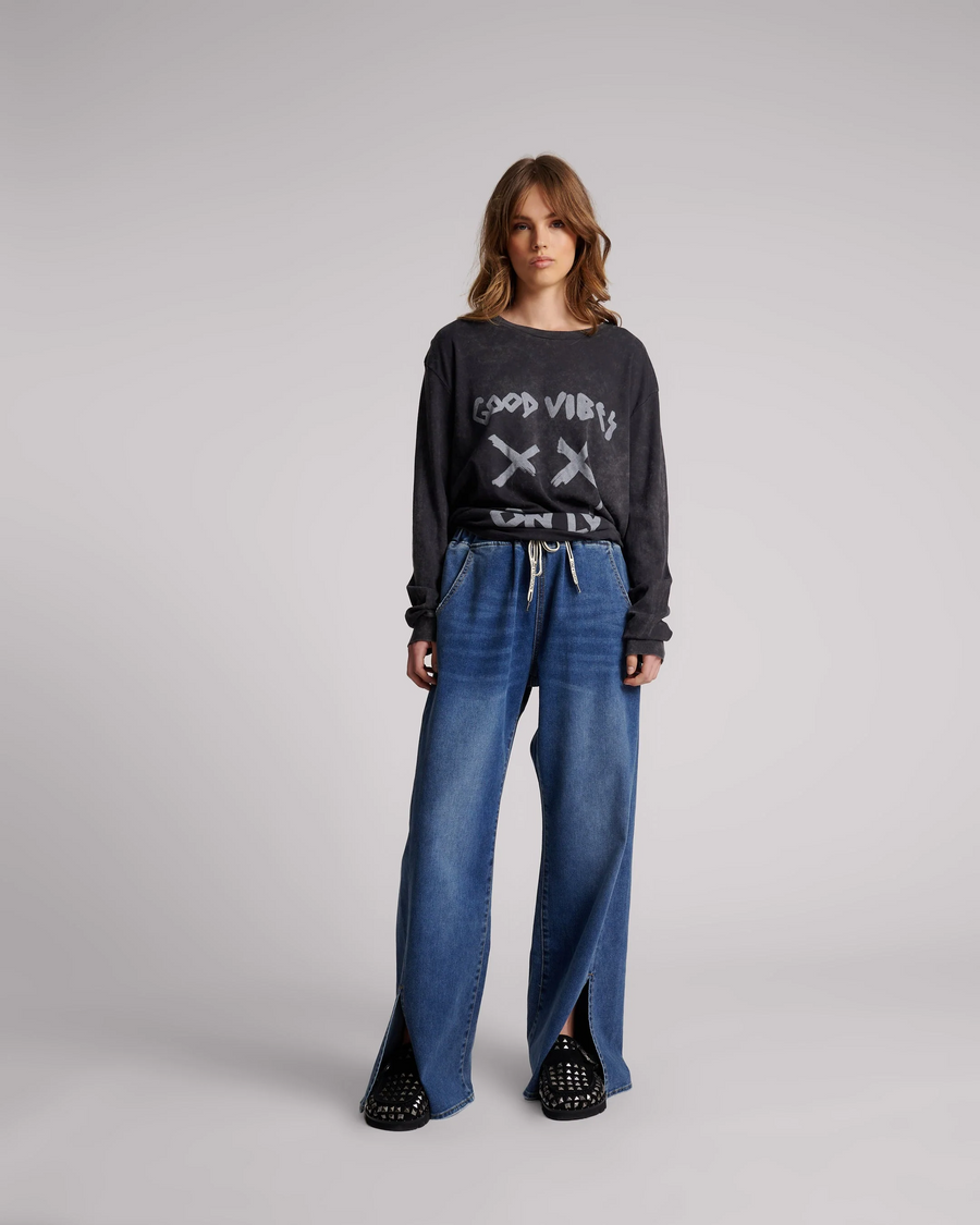 One Teaspoon Roadhouse  Wide Leg Drawstring Jeans - Deep Blue