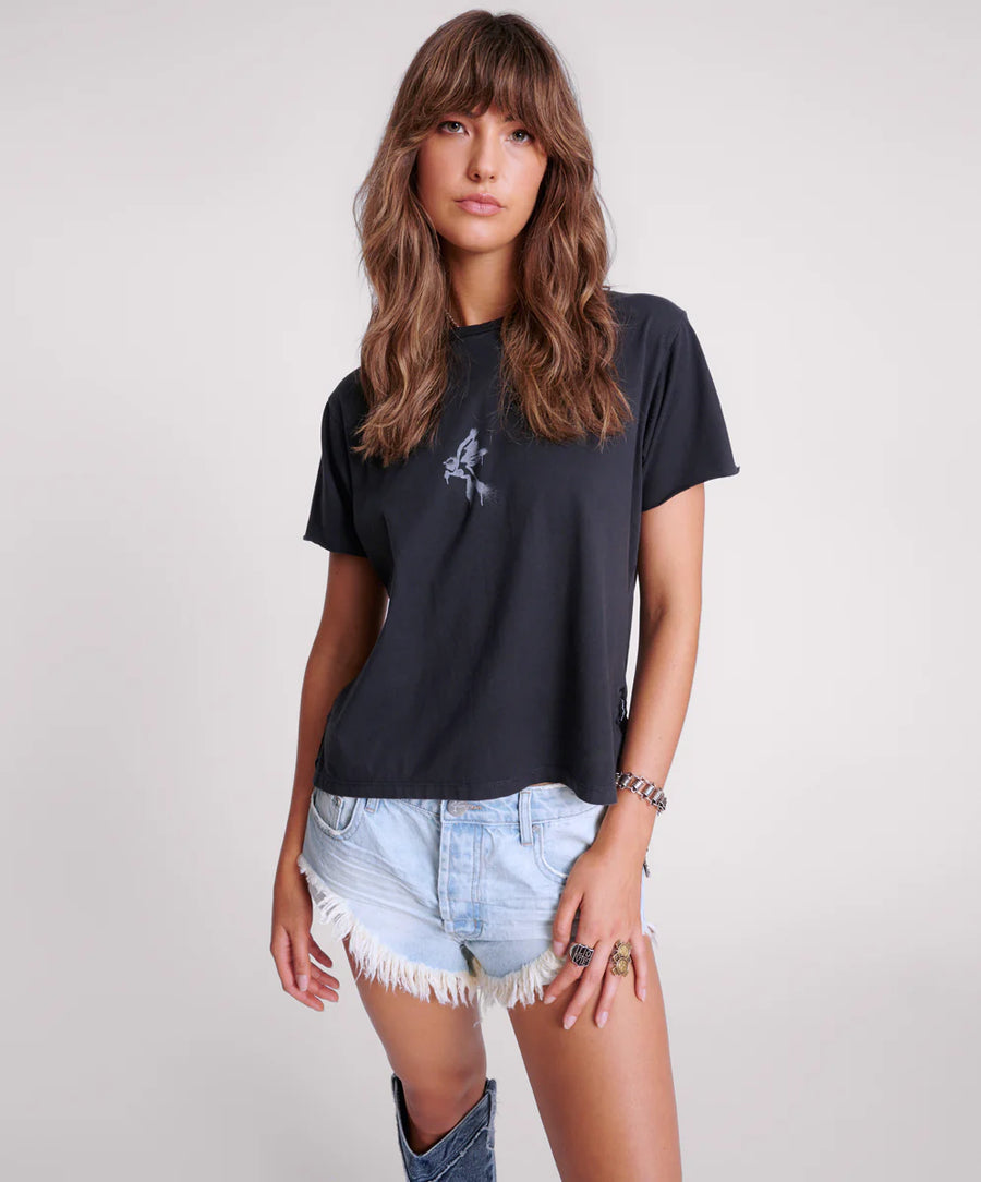 One Teaspoon Garffiti Bird Split Hem Tee - Black