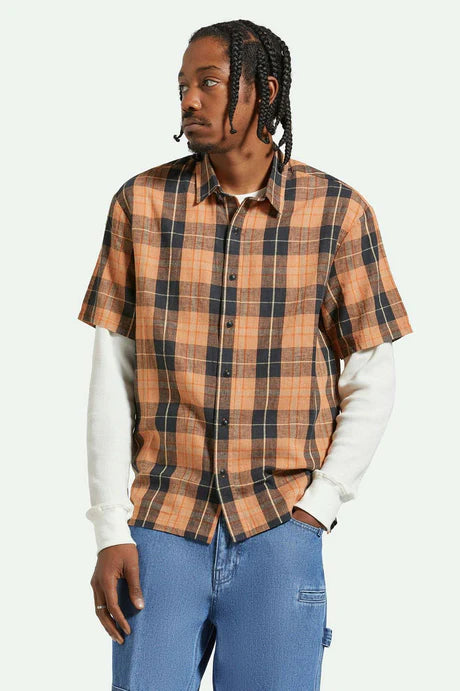 Brixton Cru Linen Blend S/S WVN Shirt - Black/Rust Orange