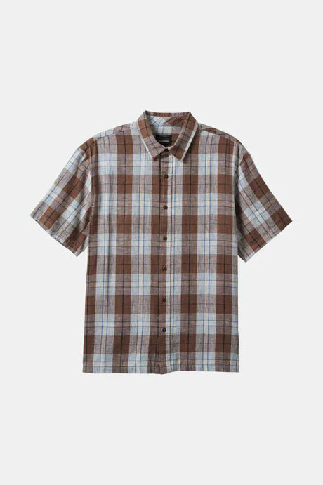 Brixtin Cru Linen Blend S/S WVN Shirt - Pinecone Brown/Coronet Blue