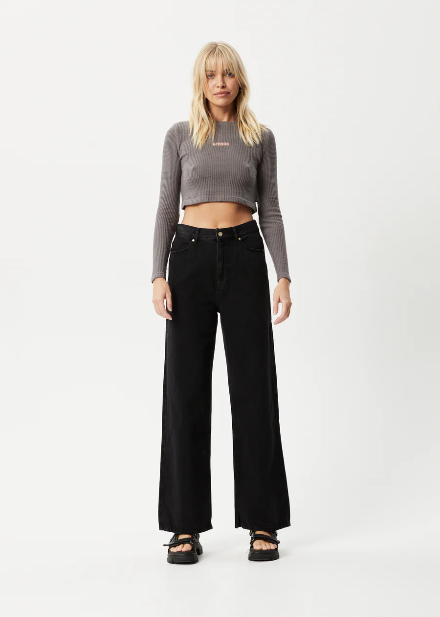 Afends Ari Waffle Long Sleeve Cropped Top - Steel