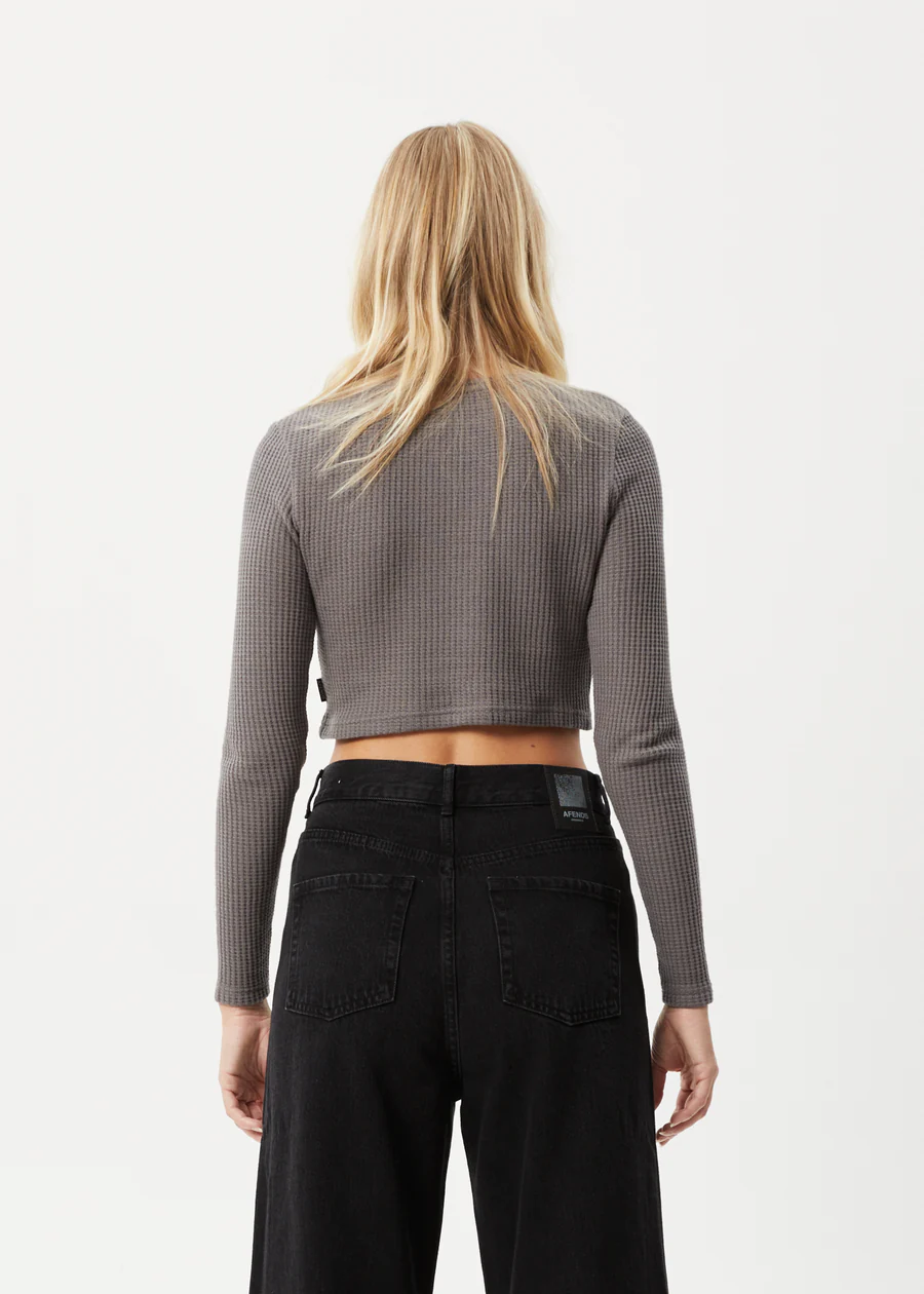 Afends Ari Waffle Long Sleeve Cropped Top - Steel