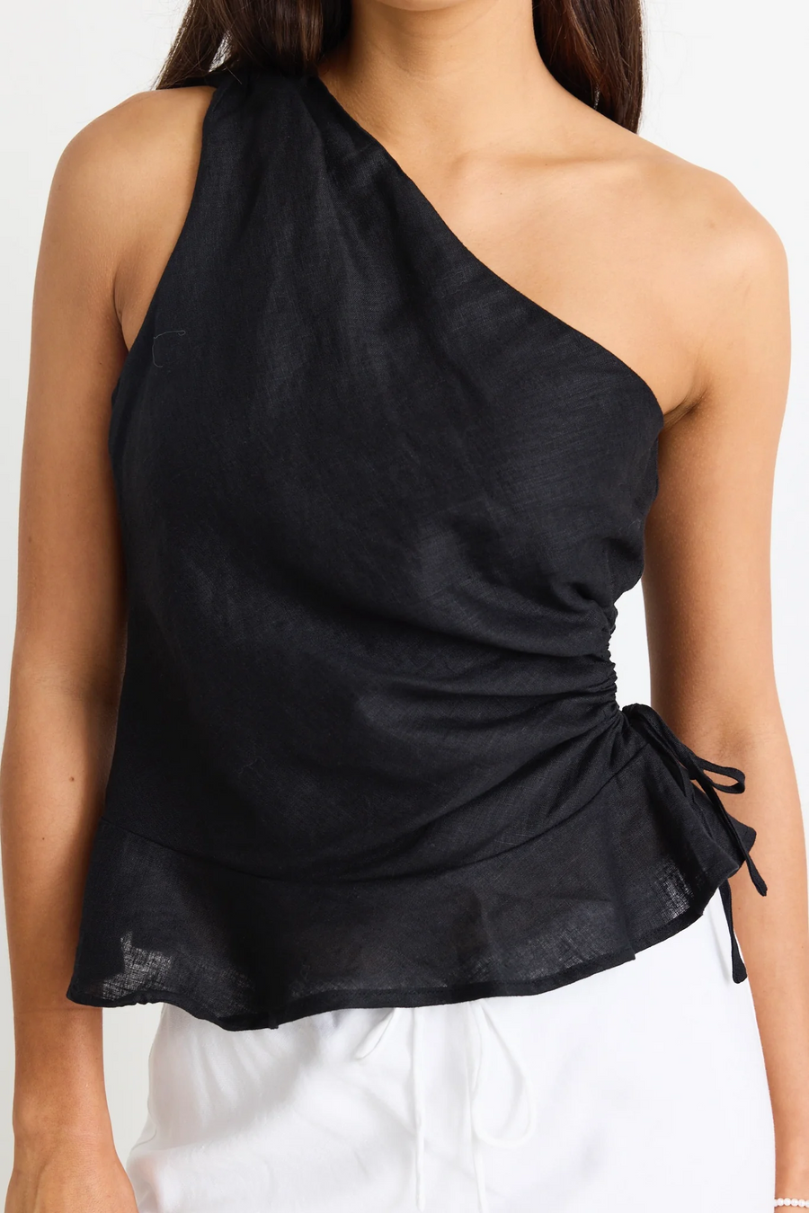 Flo & Frankie Fairytale Linen One Shoulder  Cutout Top - Black