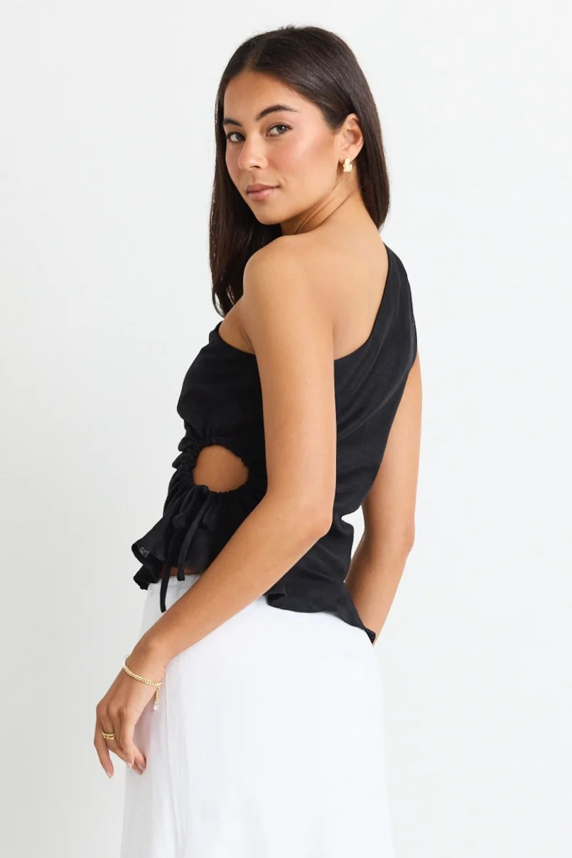 Flo & Frankie Fairytale Linen One Shoulder  Cutout Top - Black