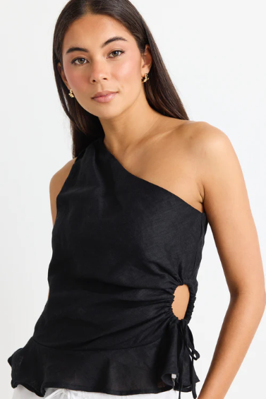 Flo & Frankie Fairytale Linen One Shoulder  Cutout Top - Black