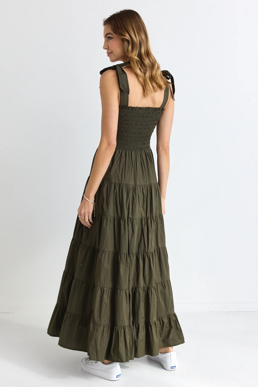 Flo & Frankie Isabella Khaki Cotton Poplin Strappy  Tiered Maxi Dress - Khaki