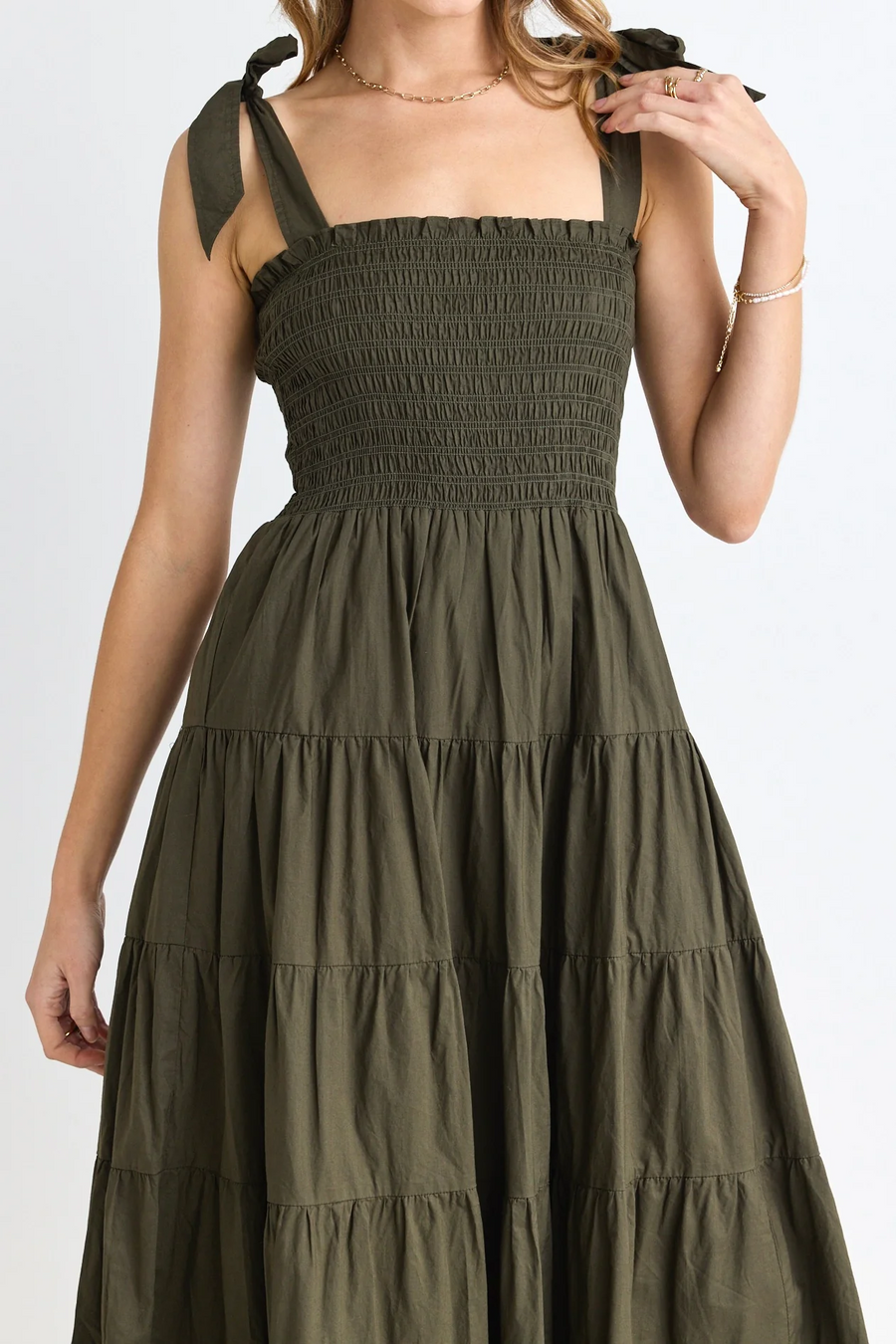 Flo & Frankie Isabella Khaki Cotton Poplin Strappy  Tiered Maxi Dress - Khaki