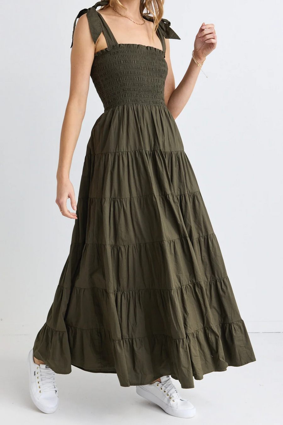 Flo & Frankie Isabella Khaki Cotton Poplin Strappy  Tiered Maxi Dress - Khaki