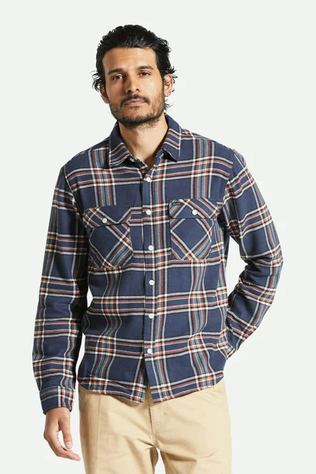 Brixton Bowery W L/S Flannel - Washed Navy/Off White/Terracot