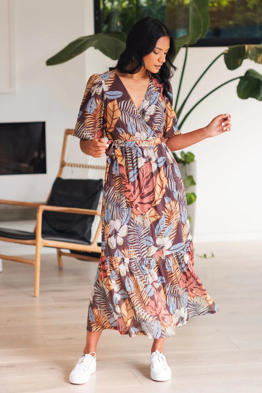 Among The Brave Ocean Chocolate Print SS Wrap Midi Dress - Tropical Chocolate Print