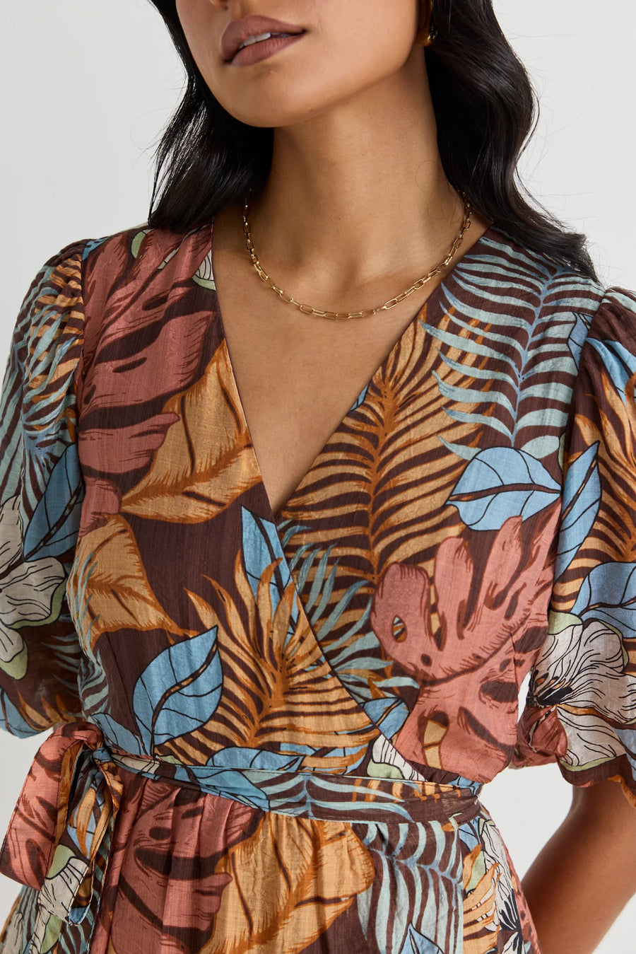 Among The Brave Ocean Chocolate Print SS Wrap Midi Dress - Tropical Chocolate Print