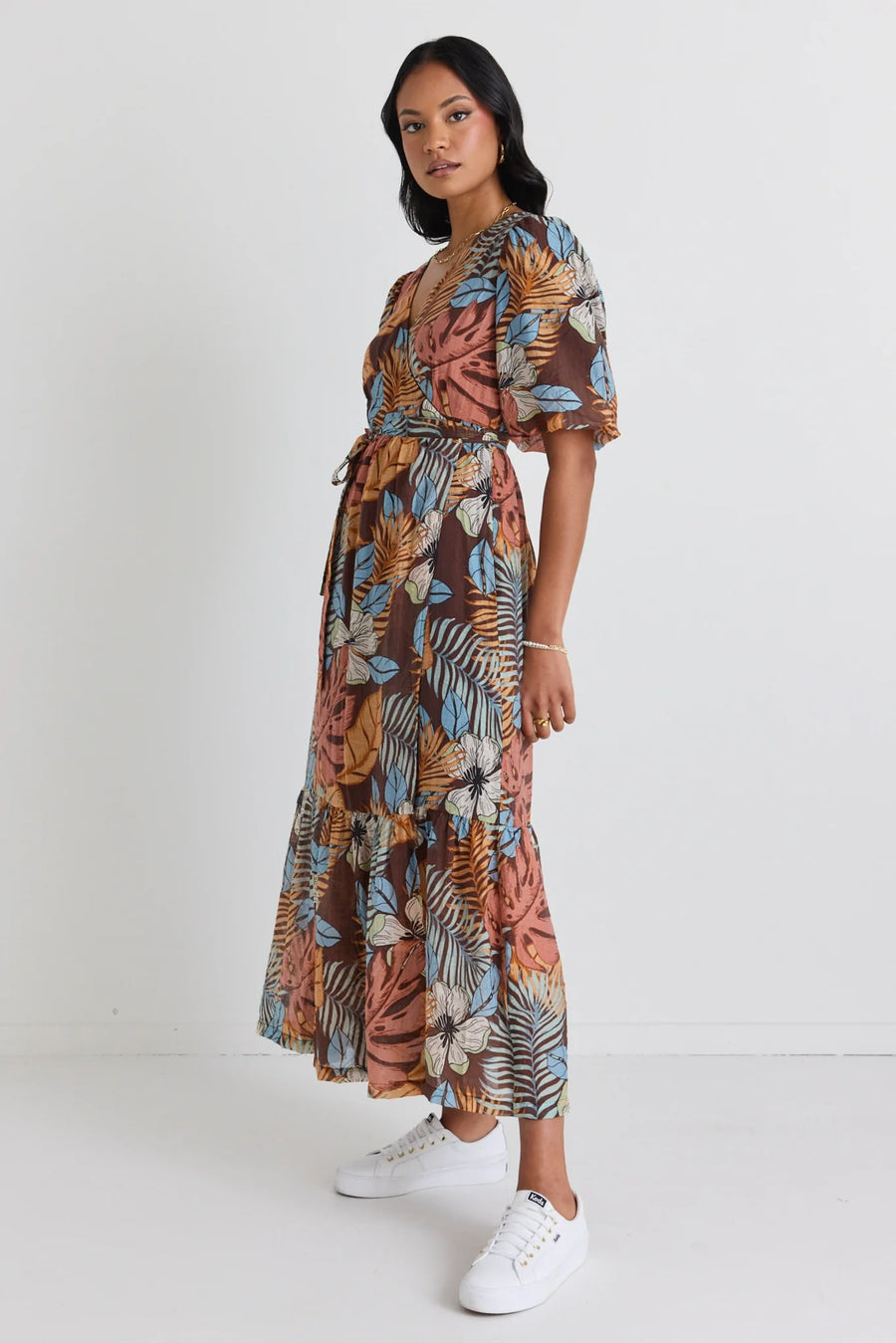 Among The Brave Ocean Chocolate Print SS Wrap Midi Dress - Tropical Chocolate Print